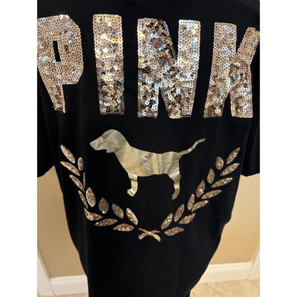 Victoria Secret Pink Shine Campus Short Sleeve Tee With Sequined Logo, L, Bling - Picture 5 of 9